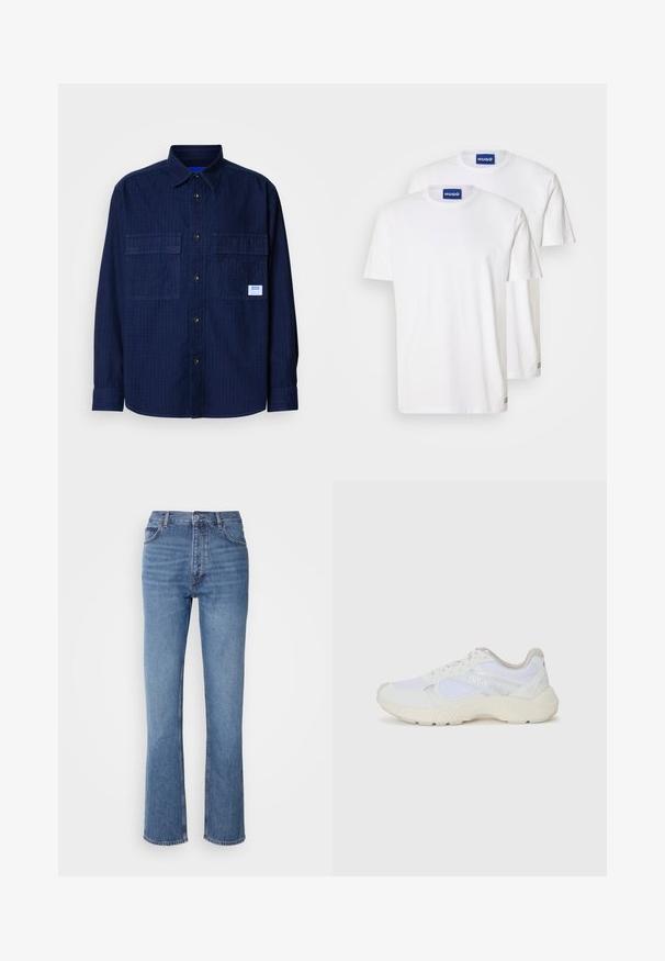 Tummansininen pitkähihainen nappipaita, jossa on kaksi rintataskua ja pieni valkoinen etiketti oikeassa taskussa.; Valkoiset puuvillaiset t-paidat, joissa on pyöreä kaula-aukko ja lyhyet hihat, joissa on siniset "HUGO" -tarrat kaula-aukossa ja pieniä yksityiskohtia helmoissa.; Siniset farkut korkealla vyötäröllä, suoralla lahkeella ja hienovaraisella kulutuksella. Ominaisuuksiin kuuluu klassinen viiden taskun tyyli ja vetoketjukiinnitys.; Valkoiset urheilukengät, jotka on valmistettu verkkokankaasta ja mokasta, sisältävät tekstuurillisen välipohjan, teksturoituja yksityiskohtia ja "HUGO"-logon sivussa.