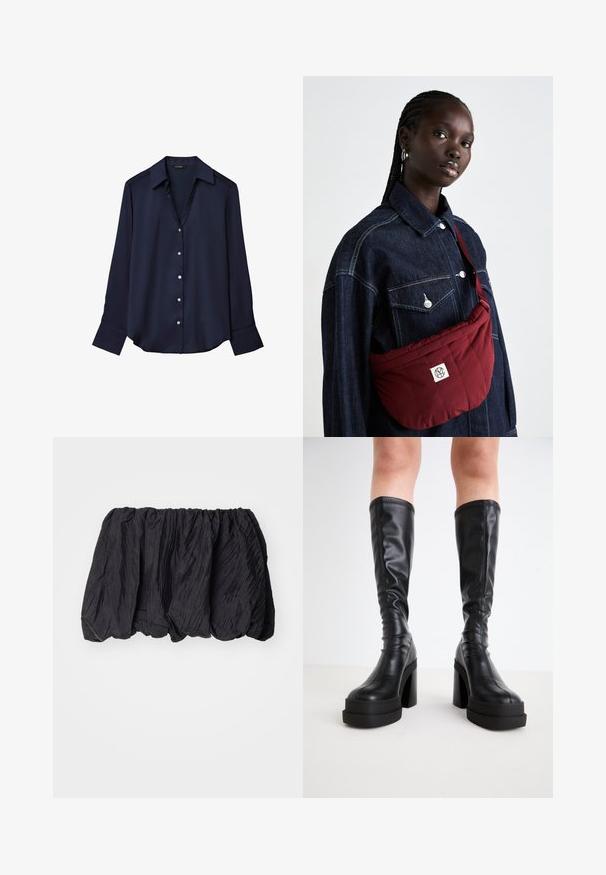 Navy blue long-sleeve button-up blouse with a pointed collar and wide cuffs, displayed against a white background.; Black crinkled fabric top with an elasticated waistband, featuring a textured surface and gathered design for a voluminous shape.; Black knee-high boots made of smooth leather, featuring a thick platform and block heel, with stitched detailing along the edges.; Burgundy quilted shoulder bag with a rectangular shape, featuring a logo patch, worn over a dark denim jacket with two front pockets.