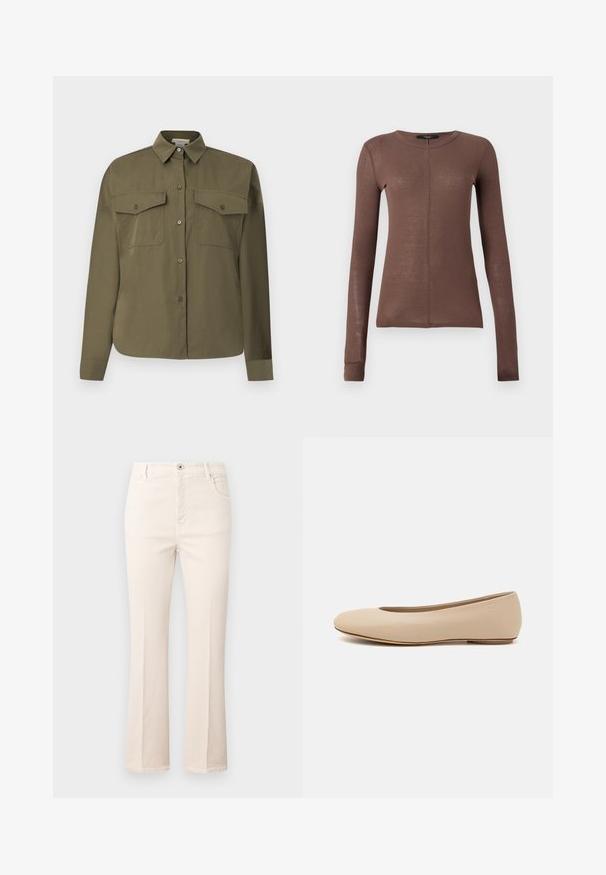 Olíva zöld gombos ing, sima, könnyű anyagból készült. Két mellzsebe van, hegyes gallérral és hosszú ujjakkal rendelkezik.; Barna, hosszú ujjú felső, könnyű, sima anyagból készült. Kerek nyakkivágása van, és diszkrét elülső varrással rendelkezik.; Bézs színű, pamut anyagú, bővülő szárú farmernadrág, magas derékkal, öt zsebbel, gombos záródással és finom varrási részletekkel.; Beige bőr balettcipő lekerekített orral, minimális varrás részletekkel, alacsony sarkú és diszkrét logóval a hátsó részen. Simább, matt textúrájú.