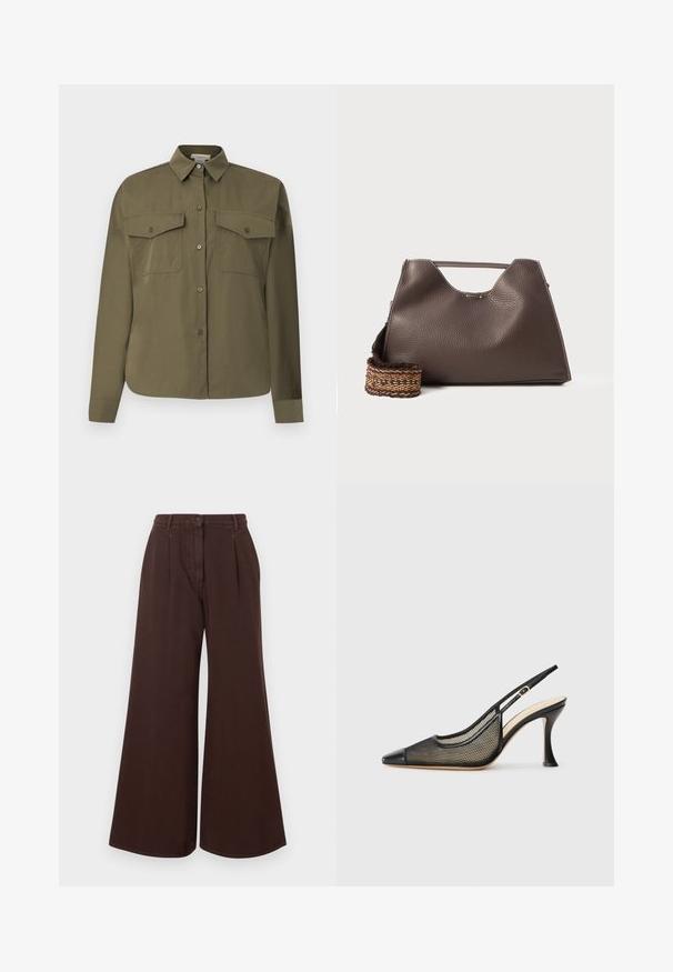 Olivgrünes Hemd mit Knopfverschluss aus einem glatten, leichten Stoff. Verfügt über zwei Brusttaschen, einen spitzen Kragen und lange Ärmel.; Hochtaillierte, weit geschnittene, braune Hose mit Knopf- und Reißverschluss, Gürtelschlaufen und frontalen Falten.; Schwarze Slingback-Pumps mit hohem Absatz, spitzer Zehenform, Netzdetails und einer glatten Lederkappe. Die Farben umfassen Schwarz und beige Akzente.; Braune Lederhandtasche mit strukturiertem Finish, kantigem Design und einem markanten oberen Griff. Verfügt über ein gemustertes, geflochtenes Riemendetail.