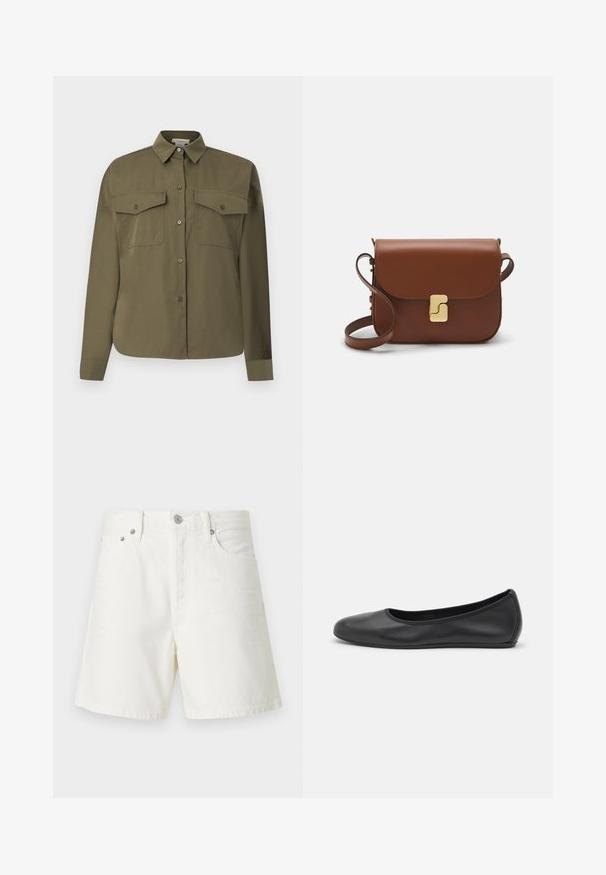 Olivgrünes Hemd mit Knopfverschluss aus einem glatten, leichten Stoff. Verfügt über zwei Brusttaschen, einen spitzen Kragen und lange Ärmel.; Weiße Jeansshorts mit geradem Schnitt, Fünf-Taschen-Design, vorderem Knopfverschluss, silberner Hardware und genähten Details.; Schwarze Leder-Ballettschuhe mit abgerundeter Spitze, glatter Textur, minimalen Nähdetails und einem flexiblen Sohlen-Design.; Braune Ledertasche mit Klappenverschluss, Beschlägen in Goldfarbe, einem Schultergurt und einer glatten Oberfläche. Kompakte rechteckige Form.