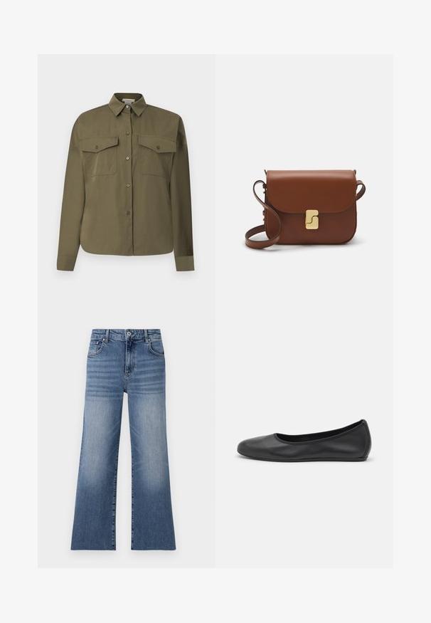 Oliivroheline nööpidega särg, mis on valmistatud sujuvast ja kergest kangast. Omab kahte rinna taskut, teravat kraed ja pikki varrukaid.; Heledad sinine denim laiad püksid kõrge vöökohaga, millel on eeskülgedel taskud, nööbiga kinnitamine ja jalgade peal pleekinud muster.; Musthave mustika tantsutossud mustast nahast, ümmarguse varbaga, siledast tekstuurist, minimaalse õmblusdetailiga ja paindliku tallakujundusega.; Pruunist nahast käekott, millel on klapiga sulgur, kuldne riistvara, õlarihm ja sile tekstuur. Kompaktne ristkülikukujuline vorm.