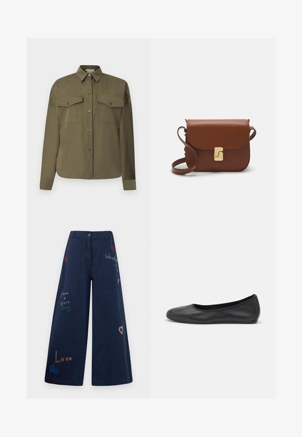 Camisa de botones verde oliva hecha de una tela suave y ligera. Presenta dos bolsillos en el pecho, cuello puntiagudo y mangas largas.; Pantalones de pierna ancha en color azul marino, confeccionados en algodón y con múltiples bolsillos. Presentan un colorido bordado de texto y gráficos, incluyendo corazones y frases divertidas.; Bailarina de piel negra con punta redondeada, textura suave, detalle de costura minimalista y diseño de suela flexible.; Bolso de mano de cuero marrón con cierre de solapa, herrajes en tono dorado, correa para el hombro y una textura suave. Forma rectangular compacta.