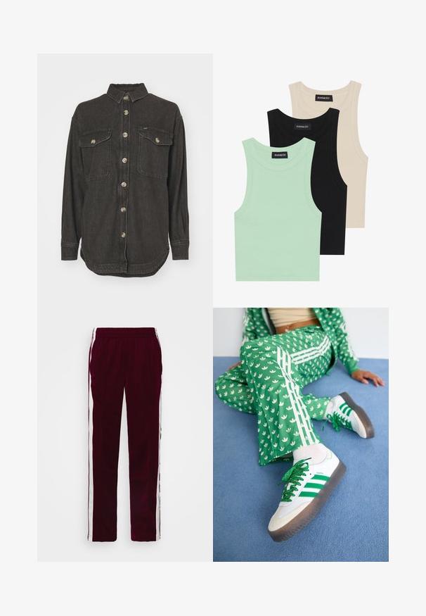 Lee WORKING WEST OVERSHIRT - Košilová halenka - interstellar cloud; Tři tílka v mátové zelené, černé a béžové barvě; vyrobená z žebrované látky s kulatým výstřihem a bez rukávů. Viditelná značková etiketa.; Burgundské sportovní kalhoty s elastickým pasem na šňůrku, bílými postranními pruhy a slim fit střihem. Vyrobeny z hladké, lehké tkaniny.; Zelený vzorovaný teplákový komplet s bílými květinovými vzory a bílými pruhy, doplněný bílými teniskami se zelenými pruhy a třpytivými tkaničkami.