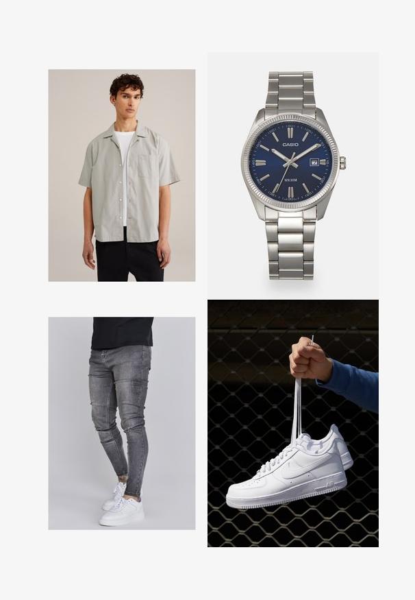 Világosszürke, rövid ujjú ing sima anyagból, gombos elülső résszel, hegyes gallérral és zsebbel a mellrészen. Fehér póló felett viselve.; Három ujjatlan póló fehér, szürke és fekete színben. Mindegyik klasszikus ujjatlan dizájnnal készült, könnyű pamut anyagból, bordázott textúrával.; Fakó szürke farmerből készült skinny farmernadrág, térdén kopott részletekkel, fehér sportcipővel párosítva. Simább anyag, karcsú szabás.; Fehér bőr sportcipők perforációval, kerek orral, lapos talppal és vastag fűzőkkel, látható swoosh logóval és "AIR" felirattal a sarokrészen.; Ezüst színű rozsdamentes acél karóránk sötétkék számlapja van, fém óraszámlálókkal és egy dátumablakkal a 3 órás pozícióban. 50 méterig vízálló.