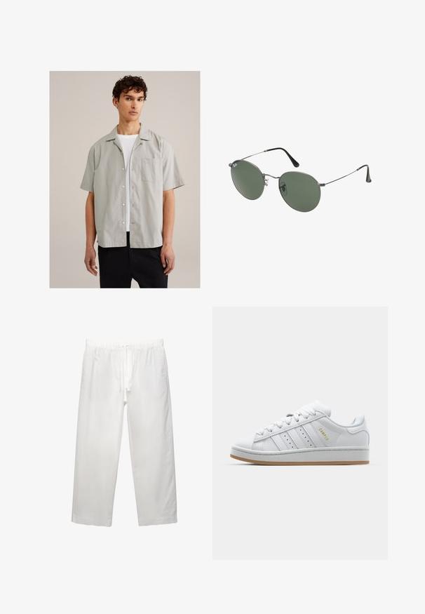 Camicia grigia chiara a maniche corte in un tessuto liscio, con apertura frontale a bottoni, colletto a punta e taschino sul petto. Indossata sopra una maglietta bianca.; T-shirt bianco in cotone con maniche corte, scollo rotondo e vestibilità rilassata. Texture liscia senza pattern o dettagli visibili.; Pantaloni bianchi in lino con cintura elastica e cordoncino, design a gamba ampia e cuciture pulite. Texture liscia con vestibilità casual.; Sneaker bianca con design a tre strisce perforate, dettagli testurizzati, suola in gomma e logo "CAMPUS" in oro sul lato.; Occhiali da sole con montatura in metallo e lenti verdi ovali. Montatura sottile in metallo argento e terminali neri. Design minimalista, senza loghi visibili.