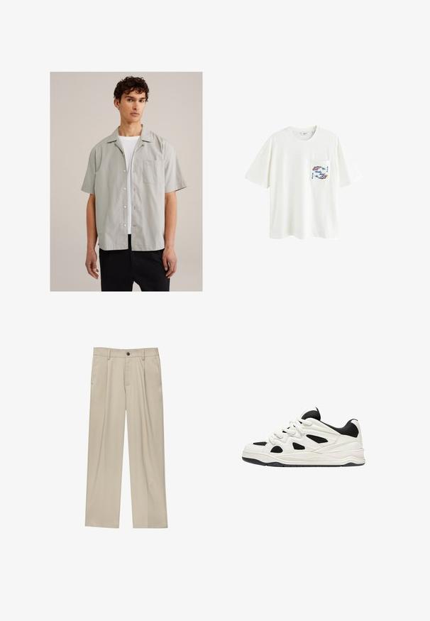 Világosszürke, rövid ujjú ing sima anyagból, gombos elülső résszel, hegyes gallérral és zsebbel a mellrészen. Fehér póló felett viselve.; Fehér pamut rövid ujjú póló, zsebbel és kék/piros grafikával a zseb területén. Laza fazon, kerek nyakkivágás.; Beige egyenes szárú nadrág, egy fekete gombbal, övhurkokkal és oldalzsebekkel. Sima szövettextúra és minimális design.; Fehér és fekete sportcipők, texturált talppal, oldalt kivágott mintákkal és fűzős megoldással, valamint párnázott hátsó résszel a támasz érdekében.