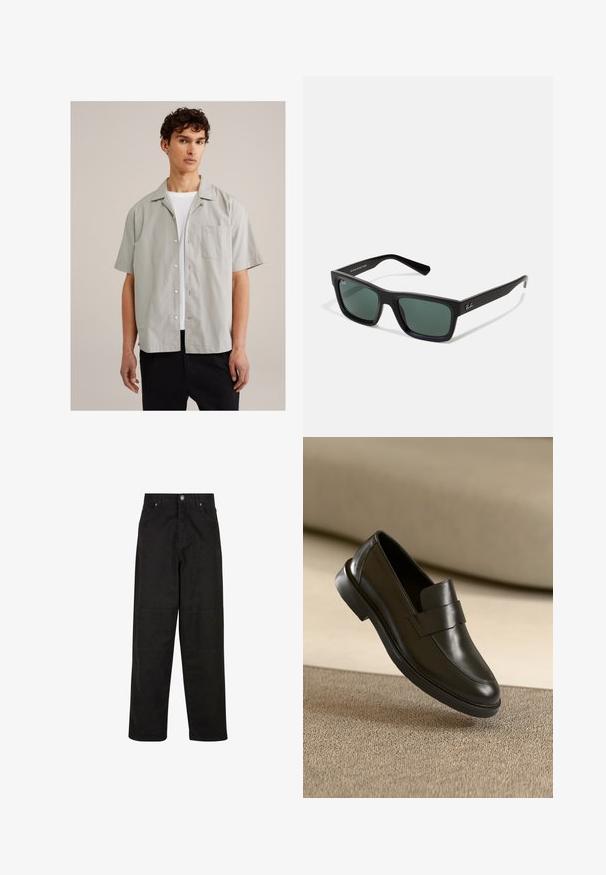 Šviesiai pilkas trumpomis rankovėmis marškinėliai iš lygaus audinio, turintys pasagų užsegimą, smailų apykaklę ir krūtinės kišenę. Dėvimi ant baltos marškinėlių.; Juodi plačiakraščiai medvilniniai kelnių, turintys lygią tekstūrą, su dviem priekinėmis kišenėmis, mygtukų uždarymu ir tiesiu kirpimu.; Juodi odiniai loaferiai su lygaus paviršiaus, apvaliu pirštu ir dekoratyvia juostele per viršų ant žemo kulno.; Juodi stačiakampiai saulės akiniai su žaliais lęšiais, turintys matinį paviršių, tiesias auseles ir Ray-Ban logotipą šone.