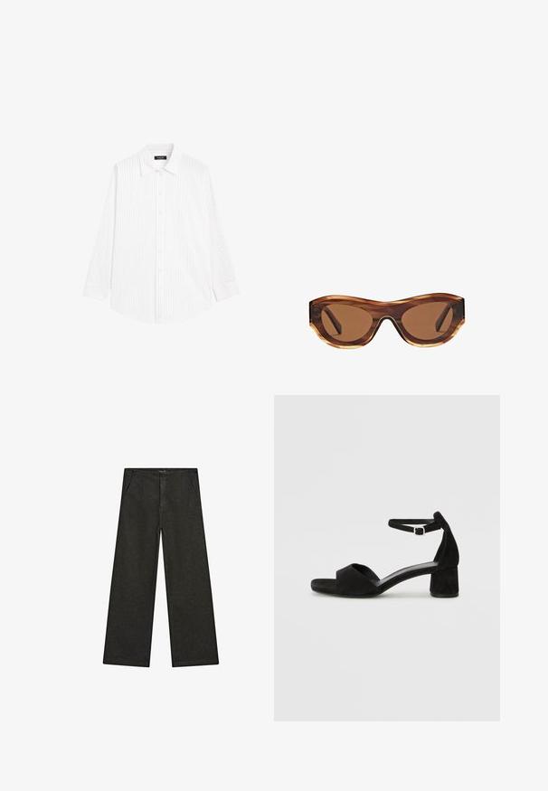 Hvid skjorte med knapper og lodrette lysegrå striber, spredt krave, lange ærmer og en afslappet pasform. Fremstillet af letvægtsstof.; Videbenede sorte denim bukser med en mid-rise talje, to forlommer og et rent, minimalistisk design uden synlige dekorationer.; Sorte ruskind hælede sandaler med en tynd ankelsnor, åben tå design og en beskeden blokhæl. Glat tekstur og minimale detaljer.; Solbriller med skildpadde-skal ramme, brune gradient-linser og en elegant katteøje-form. Fremstillet af letvægtsplastik med en blank finish.