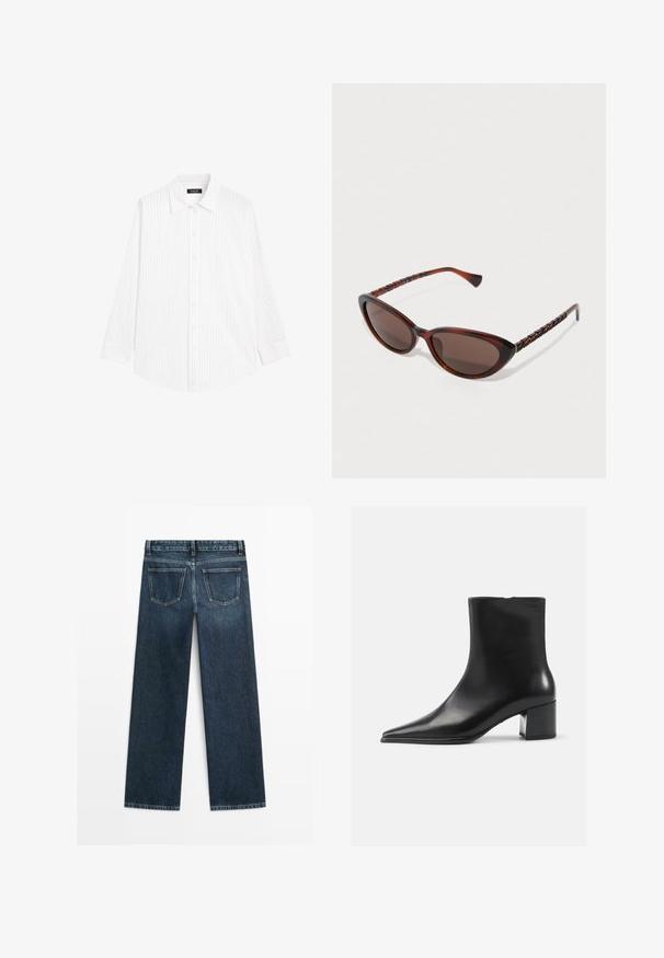 Weißes Hemd mit vertikalen hellgrauen Streifen, Kentkragen, langen Ärmeln und lockerer Passform. Aus leichtem Stoff gefertigt.; Dunkelblaue Jeans im geraden Schnitt, mit zwei Gesäßtaschen und sichtbaren Nähten entlang der Nähte und Säume.; Schwarze Lederschnürstiefelette mit spitzer Zehenform, glatter Textur und mittelhohem Blockabsatz. Minimalistisches Design, Reißverschluss hinten.; Braune Schildpatt-Sonnenbrillen in Katzenaugenform mit dunklen Gläsern und texturierten, schwarz gemusterten Bügeln. Klassisches, detailliertes und leichtes Design.