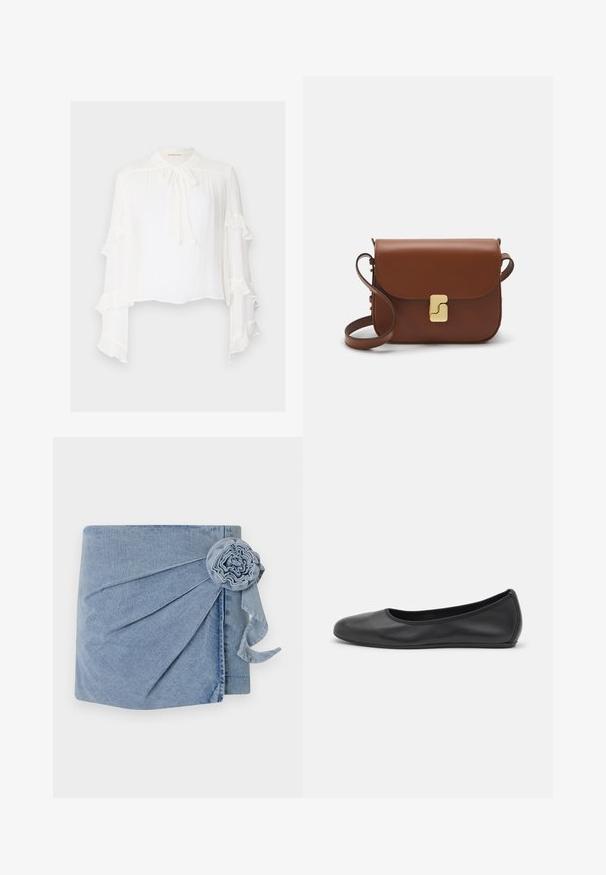 White blouse with long, flared sleeves featuring ruffled edges. High neck with a tie detail and lightweight, textured fabric.; Denim wrap featuring a light blue hue, intricate pleating, and a decorative flower accent with a trailing ribbon. Soft texture and casual design.; Black leather ballet flat with a rounded toe, smooth texture, minimal stitching detail, and a flexible sole design.; Brown leather handbag with a flap closure, gold-tone hardware, a shoulder strap, and a smooth texture. Compact rectangular shape.