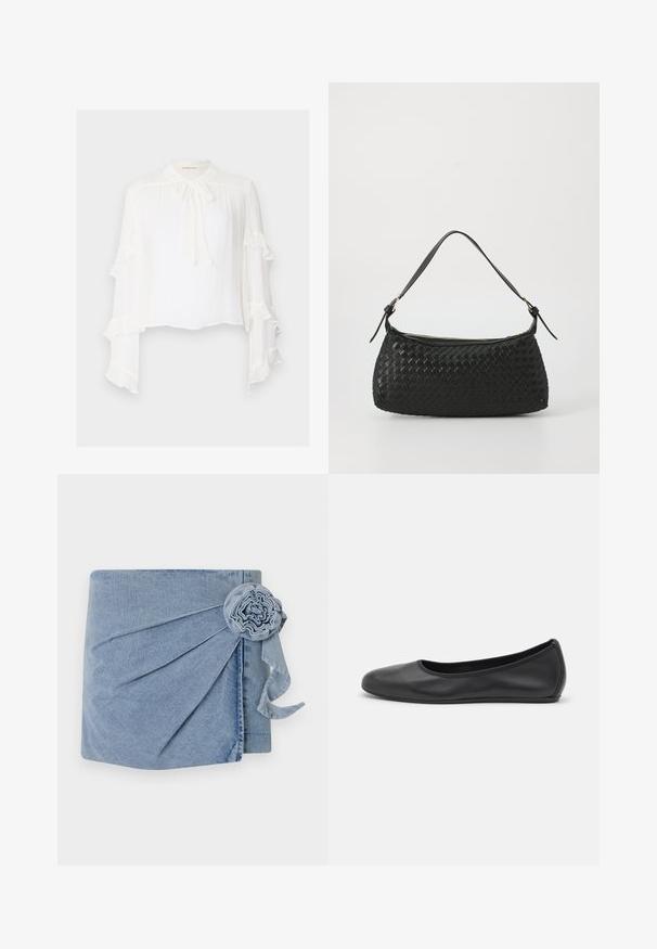 White blouse with long, flared sleeves featuring ruffled edges. High neck with a tie detail and lightweight, textured fabric.; Denim wrap featuring a light blue hue, intricate pleating, and a decorative flower accent with a trailing ribbon. Soft texture and casual design.; Black leather ballet flat with a rounded toe, smooth texture, minimal stitching detail, and a flexible sole design.; Black woven shoulder bag with a smooth leather strap and zipper closure. Features a textured surface and curved shape.