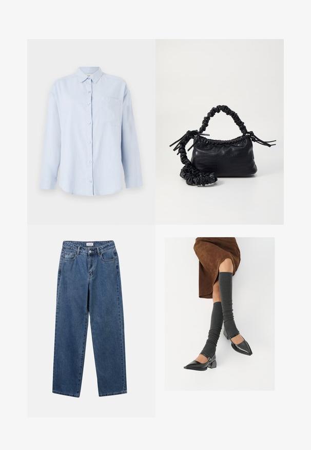 Camisa de manga longa azul clara em mistura de linho, com fecho de botão à frente, colarinho e um único bolso no peito.; Jeans de denim azul clássicos com um design de perna reta, cinco bolsos e fecho de botão. Apresenta um tratamento médio e uma textura resistente.; Sapatos pretos de pele lacada com biqueira pontuda, salto bloco e tiras no tornozelo, combinados com caneleiras cinzas em malha e uma saia de camurça castanha.; Bolsa de mão em couro sintético preto com textura de crocodilo, topo franzido e alça enrugada. Apresenta um design suave e compacto.