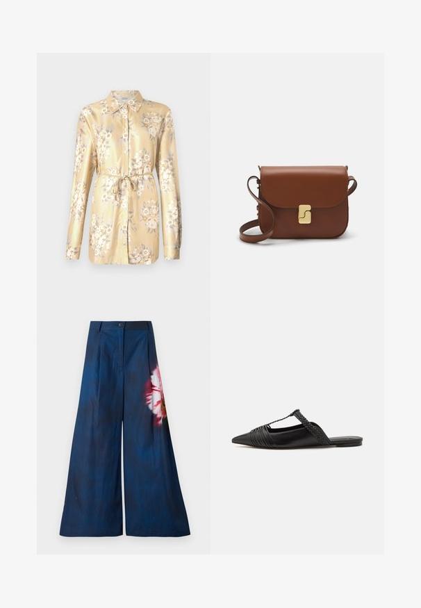 Floral print shirt in light yellow satin with long sleeves, buttoned front, and a tie waist detail. Features white and beige flowers and green leaves.; Wide-leg trousers in dark navy fabric, featuring a floral print in pink and yellow on one side, with a button closure at the waist.; Black leather slingback shoe with a pointed toe, featuring a woven accent and pleated upper design. Flat sole with minimal hardware.; Brown leather handbag with a flap closure, gold-tone hardware, a shoulder strap, and a smooth texture. Compact rectangular shape.