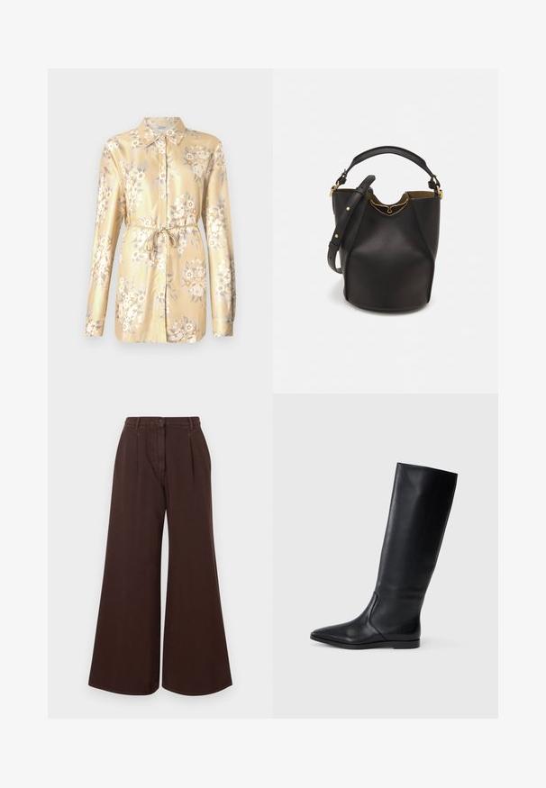 Hedvábná košile s květinovým potiskem v světle žluté barvě, dlouhými rukávy, zapínáním na knoflíky a detailem na zavazování v pase. Obsahuje bílé a béžové květy a zelené listy.; Hnědé kalhoty s vysokým pasem, širokými nohavicemi, zapínáním na knoflík a zip, poutky na pásek a předními sklady.; Černé kožené vysoké boty do půli lýtek s špičatou špičkou a minimalistickým designem. Hladký povrch a plochá podrážka, s nenápadnými švy po stranách.; Černá kožená kabelka ve tvaru vědra s texturovaným povrchem, zlatými kovovými akcenty a otevřeným vrchem. Obsahuje krátkou rukojeť a nastavitelný ramenní popruh.