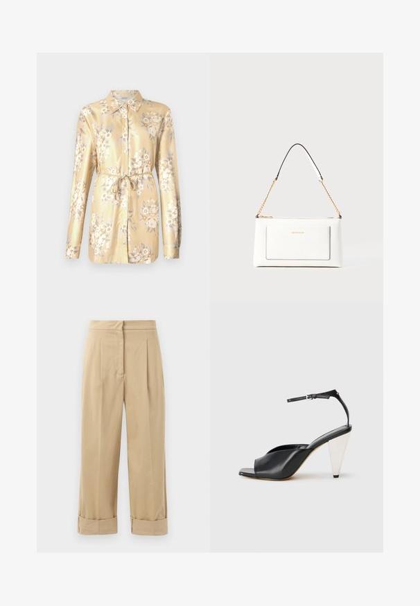 Floral print shirt in light yellow satin with long sleeves, buttoned front, and a tie waist detail. Features white and beige flowers and green leaves.; Beige, wide-leg trousers with two front pleats, rolled cuffs, and a smooth texture. Made of lightweight fabric, offering a relaxed fit.; Black leather high heel sandal with open toe, asymmetrical design, ankle strap, and a metallic cone-shaped heel. Smooth texture throughout.; White leather handbag with a textured finish, featuring a gold chain strap and black accents. Includes a front pocket and zipper closure.