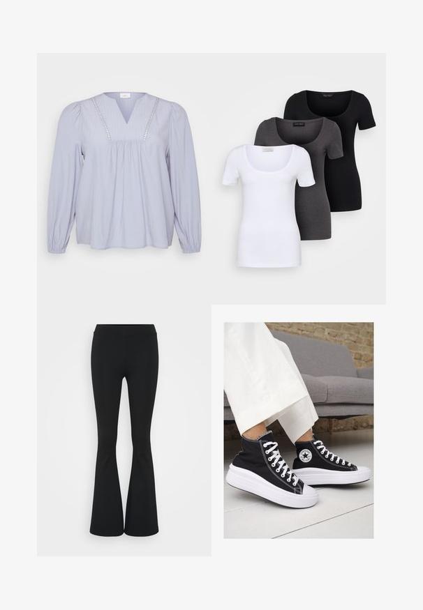 Blusa azzurro chiaro in morbido tessuto, con scollatura a V, righe verticali e dettagli decorativi lungo il collo. Maniche lunghe a sbuffo.; Tre T-shirt aderenti in bianco, grigio e nero. Ognuna presenta un ampio scollo a barca e maniche corte. Realizzate in un tessuto morbido e elastico.; Pantaloni neri a zampa d'elefante realizzati in tessuto elasticizzato, con una vita alta e una superficie liscia. I pantaloni si allargano a partire dal ginocchio.; Sneaker alte nere in tela con suole e lacci bianchi. Presentano un logo circolare sul lato e cuciture bianche a contrasto.