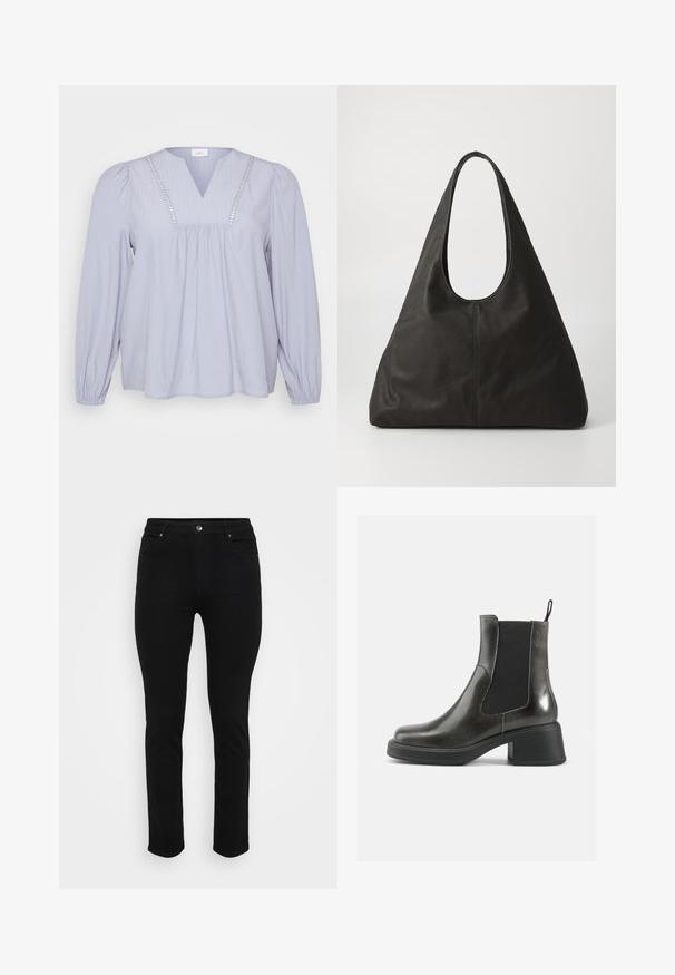 Ljusblå blus i mjukt tyg, med V-urringning, vertikal ribbning och dekorativa accenter längs halslinjen. Långa, draperade ärmar.; Svarta denimjeans med slim fit, femficksdesign, framknäppning och lätt stretch för komfort. Platt, slät textur med minimal detaljering.; Svarta läderankelboots med en slät yta, elastiska sidopaneler och en kraftig klack. Har en dragflik för enklare påtagning.; Svart läder tote-väska med ett böjt handtag, avlång triangulär form och slät yta. Har en minimalistisk design utan synlig utrustning.; Silverfärgade metallörhängen med en vågig, skulptural design som har en polerad yta och oregelbundna former, vilket framhäver en samtida estetik.