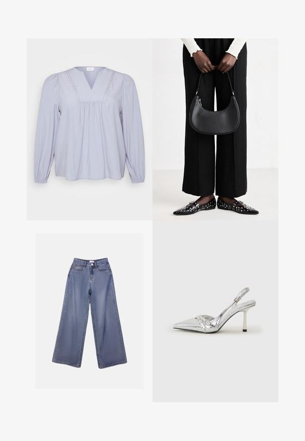 Hellbluse aus weichem Stoff, mit V-Ausschnitt, vertikalen Rippungen und dekorativen Akzenten entlang des Ausschnitts. Lange, geraffte Ärmel.; Weite Denim-Jeans in einer hellblauen Wäsche, mit hoher Taille, Fronttaschen und einem Knopfverschluss mit Gürtelschlaufen.; Silberner Slingback-High-Heel-Schuh mit spitz zulaufender Zehenpartie, metallic-finish, zwei dekorativen Riemen und einem schlanken Absatz mit schwarzer Spitze.; Schwarze Leder-Schultertasche mit runder Form, glänzender Oberfläche und silbernem Beschlag. Person trägt schwarze weit geschnittene Hosen und Nieten-Loafers.