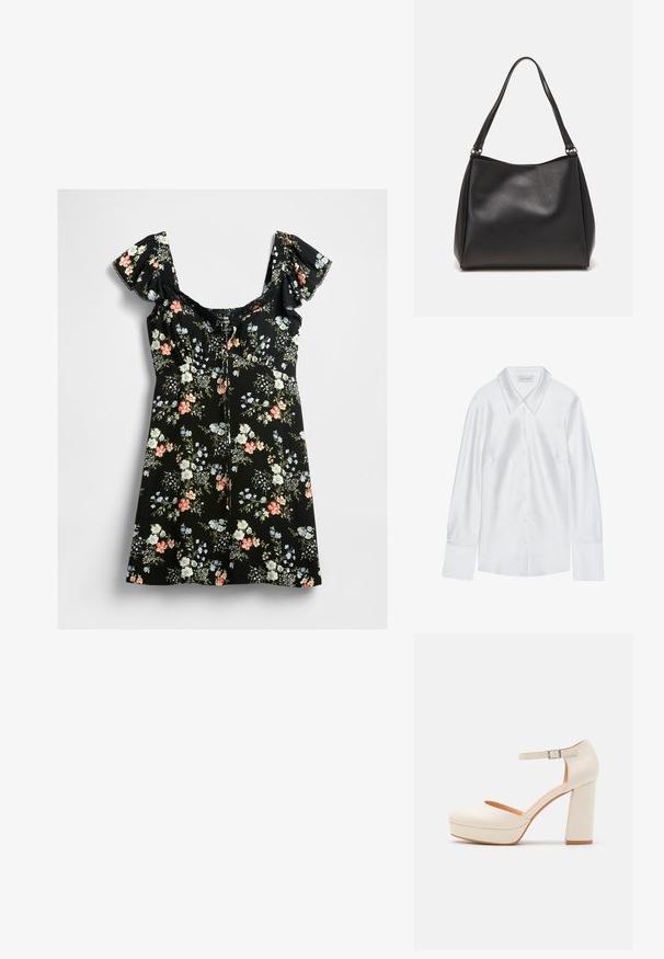 Camicia bianca a maniche lunghe con colletto classico, caratterizzata da una chiusura con bottoni davanti e una texture liscia, realizzata in tessuto leggero con una leggera lucentezza.; Abito nero corto con maniche a palloncino, scollatura rifinita in pizzo e motivo floreale multicolore in rosa, bianco, blu e foglie verdi.; Tacchi platform color crema con punta arrotondata e cinturino alla caviglia regolabile. Presentano un tacco a blocco spesso con un leggero accento in legno.; Borsa a tracolla nera in pelle sintetica con una texture morbida, forma hobo e doppi manici; presenta una finitura lucida e un design minimalista.