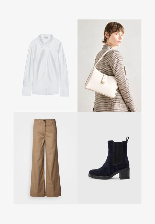 Camisa branca de mangas longas com colarinho clássico, apresentando uma frente com botões e textura suave, feita de um tecido leve com um brilho subtil.; Calças de perna larga feitas de tecido liso e bege. Apresentam um fecho de botão na parte da frente, passantes para cinto e bolsos laterais. Linhas limpas, sem padrões visíveis.; Bota de tornozelo em camurça azul-marinho com painel elástico lateral, bico redondo e salto bloco. O tecido texturizado e a sola lisa criam um contraste.; Bolsa de mão em couro branco com um design estruturado, apresentando um fecho magnético e uma alça de ombro, exibida sobre um fundo neutro.
