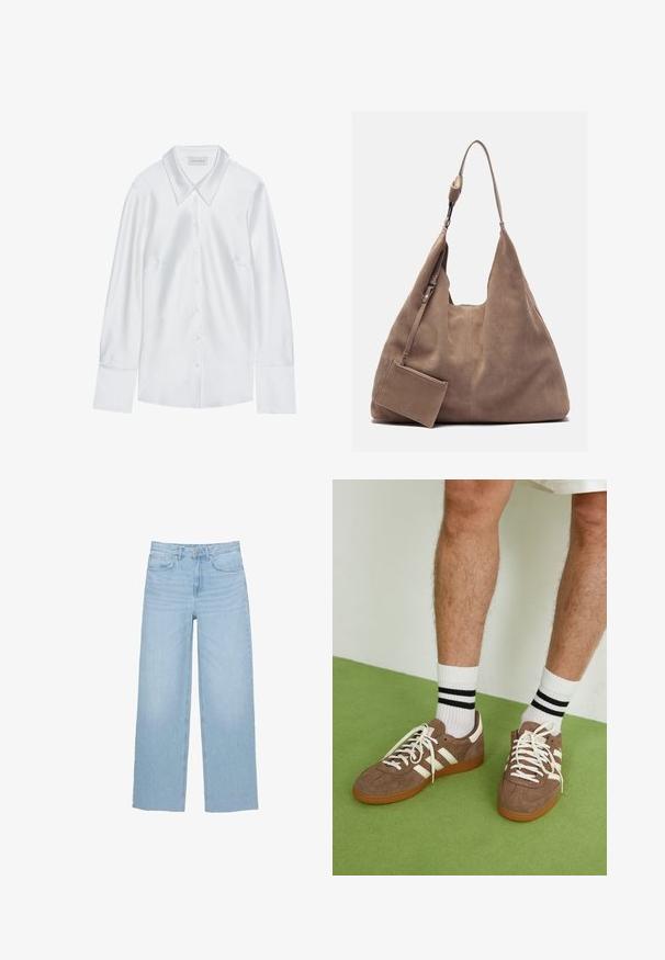 White long-sleeve shirt with a classic collar, featuring a button-up front and smooth texture, made from lightweight fabric with a subtle sheen.; Light blue wide-leg jeans made of denim, featuring a high waist, straight cut, and five-pocket design with a clean hem.; Brown suede sneakers with white accents and laces. Rubber gum sole. Worn with white socks featuring black stripes. Green textured flooring.; Zign LEATHER - Tote bag - light brown