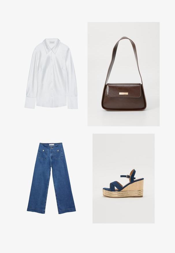Bijela košulja dugih rukava s klasičnim ovratnikom, s gumbima sprijeda i glatkom teksturom, izrađena od laganog materijala s suptilnim sjajem.; Denim široke hlače s medijskom plavom pranju, dva prednja džepa s dugmadi, i šivana dekoracija duž rubova.; Tamnoplava platform sandalica s križnim trakama, teksturirana platforma od prirodne vlaknaste materije, i zlatni metalni detalj na bazi.; Smeđa kožna torba za rame sa strukturiranim oblikom, koja ima magnetsko zatvaranje na preklopu i metalni logo akcent na prednjoj strani.