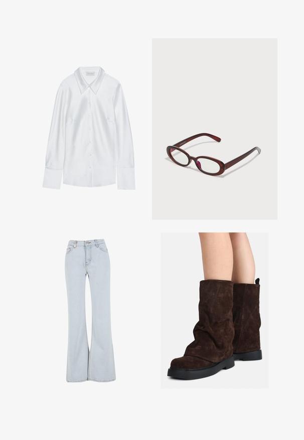 Bijela košulja dugih rukava s klasičnim ovratnikom, s gumbima sprijeda i glatkom teksturom, izrađena od laganog materijala s suptilnim sjajem.; Svijetloplave traperice s nešto širom nogavicom, visokog struka, sa pet džepova i kontrastnim šavovima.; Smeđe nubuk čizme srednje dužine s crnim gumenim potplatima, nošene na golim nogama, s blagim naborima na okovima čizama.; Naočale u obliku ovala crvene boje s prozirnim staklima i elegantnim smeškim okvirom. Dizajn se odlikuje suptilnim zakrivljenjima i minimalnim hardverom.