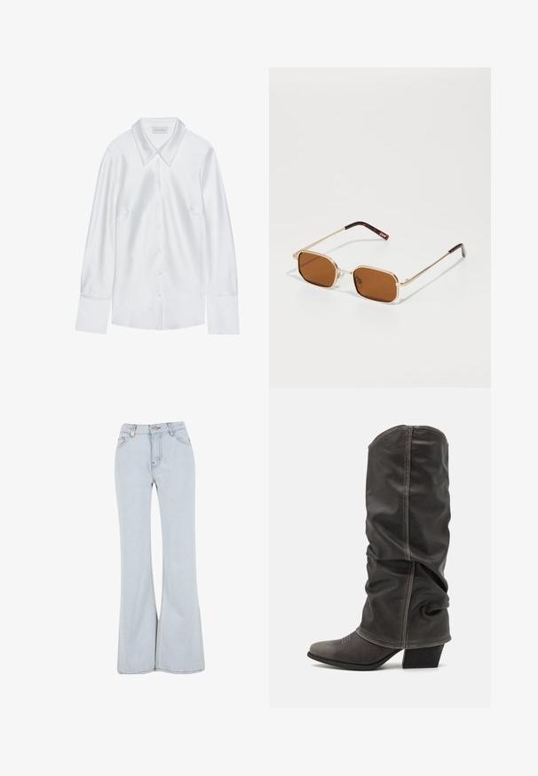Witte lange mouwen overhemd met een klassieke kraag, voorzien van een knoopsluiting aan de voorkant en een zachte textuur, gemaakt van lichtgewicht stof met een subtiele glans.; Lichtblauwe flared jeans van denim met een hoge taille, vijf zakken en contrasterende stiksels langs de naden.; Grijze leren laarzen tot de kuit met een slouchy ontwerp, spitse neus en gestapelde hak. Opmerkelijke stikdetails op het neusstuk.; Gouden metalen zonnebril met rechthoekige bruine lenzen, voorzien van een dunne montuur en pootjes in schildpadmotief.; Slangpatroon handtas met een gebogen handvat. Gemaakt van gestructureerde, beige en bruine materialen, met een kenmerkend ruitpatroon.