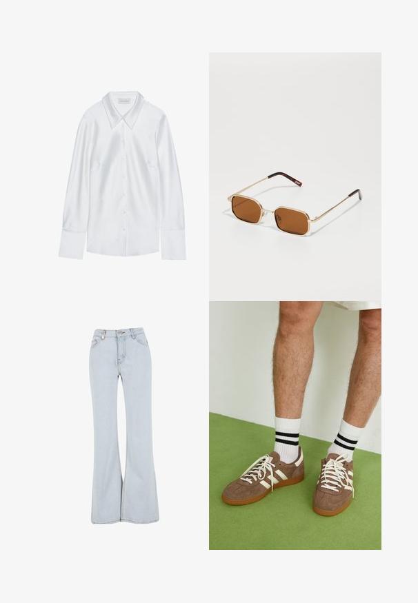 Weißes Langarmhemd mit klassischem Kragen, mit durchgehender Knopfleiste und glatter Textur, gefertigt aus leichtem Stoff mit einem dezenten Glanz.; Helle blaue ausgestellte Jeans aus Denim mit hoher Taille, fünf Taschen und kontrastierender Naht entlang der Nähte.; Braune Wildleder-Sneaker mit weißen Akzenten und Schnürsenkeln. Gummisohle in Kautschuk-Optik. Getragen mit weißen Socken, die schwarze Streifen haben. Grüner strukturierter Fußboden.; Goldene Metallsonnenbrille mit rechteckigen braunen Gläsern, ausgestattet mit einem dünnen Rahmen und Bügeln im Schildpatt-Muster.