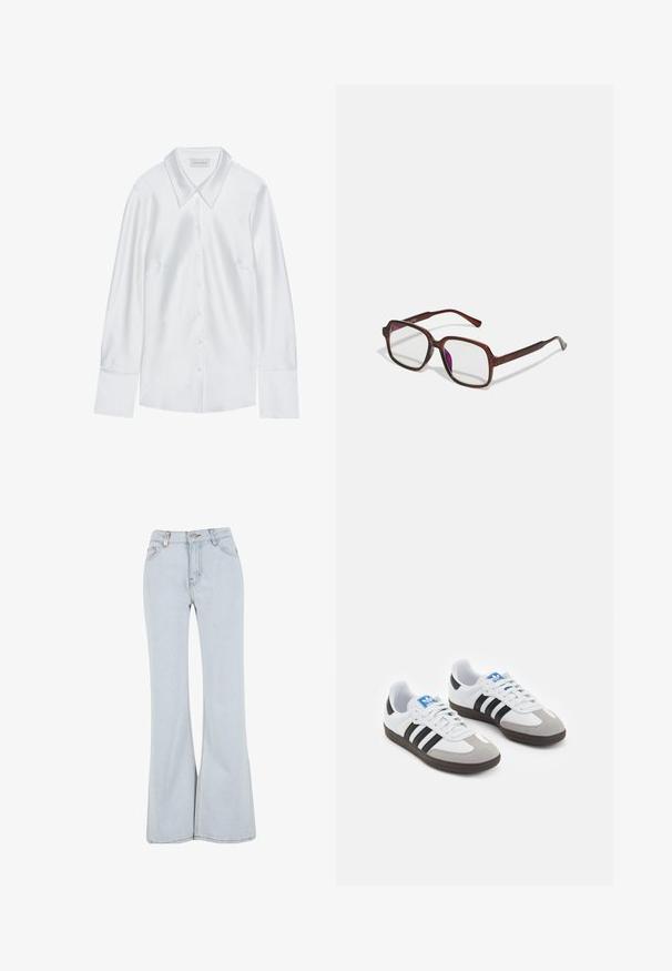 Fehér, hosszú ujjú ing klasszikus gallérral, gombos elülső résszel és sima tapintással, könnyű, finom fényű anyagból készült.; Fénykék színű, harangszárú farmernadrág, magas derékkal, öt zsebbel és kontrasztos varrásokkal az illesztéseken.; Fehér bőr felsőrészes sportcipő, szürke velúrból készült orral és három fekete csíkkal. Jellemzője a kék logó a nyelvén és egy texturált gumitalp.; Barna, téglalap alakú szemüveg áttetsző lencsékkel és lila árnyalattal. Simító műanyag keret, egyenes szárakkal és diszkrét díszítésekkel.