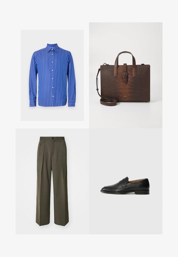 Tiger of Sweden BENNETT - Hemd - deep blue; Filippa K WIDE TROUSERS - Stoffhose - driftwood; Schwarze Leder-Slipper mit runder Zehenform, dezenten gestickten Details und niedrigem Absatz, ausgestattet mit glatter Textur und minimalistischem Design.; Braune Handtasche aus geprägtem Leder mit Ktopfhörern und einem abnehmbaren Schultergurt. Verfügt über einen Schnappverschluss und hat eine rechteckige Form.