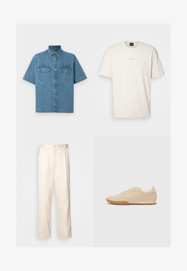 Camicia in denim a maniche corte, azzurro chiaro, con due tasche sul petto con chiusura a bottone, colletto a punta e chiusura frontale a bottoni.; BOSS TEE - T-shirt basic - open white; Pantaloni in cotone beige con taglio dritto, dotati di chiusura a bottone e pence sul davanti per un tocco di dettaglio in più.; Sneaker in suede beige con un design snello, caratterizzati da una tomaia texture, punta arrotondata e suola in gomma con un motivo a zigzag.