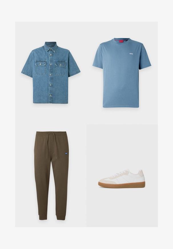 Kortärmad denimskjorta, ljusblå, med två bröstfickor med knäppningar, en spetsig krage och framknäppning.; Blå kortärmad T-shirt med rund hals och liten vit "HUGO"-logotyp på vänster bröst samt röd etikett på insidan av kragen.; Mörk olivgröna mjukisbyxor med elastisk midja, dragsko, sidofickor och ribbade muddar. Liten blå logotypmärke på vänster sida.; Vit och beige sneaker med inslag av mocka och läder. Utmärker sig av en gummisula, snörningsdesign och minimalistiska sidostreck.