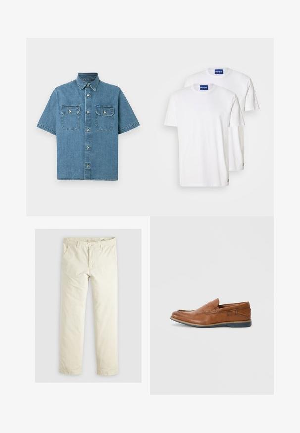 Džínová košile s krátkým rukávem, světle modrá, s dvěma náprsními kapsami na knoflíky, špičatým límcem a předním zapínáním na knoflíky.; Bílé bavlněné trička s kulatým výstřihem a krátkými rukávy, označené modrými štítky "HUGO" na výstřihu a malými detaily na lemu.; Svetlé béžové volné kalhoty s třemi kapsami, poutky na opasek a rovnými nohavicemi. Vyrobeno z měkké směsi bavlny.; Hnědé kožené mokasíny s kulatou špičkou, prošívanými detaily a nízkou gumovou podrážkou. Design zahrnuje pásek přes vrch.