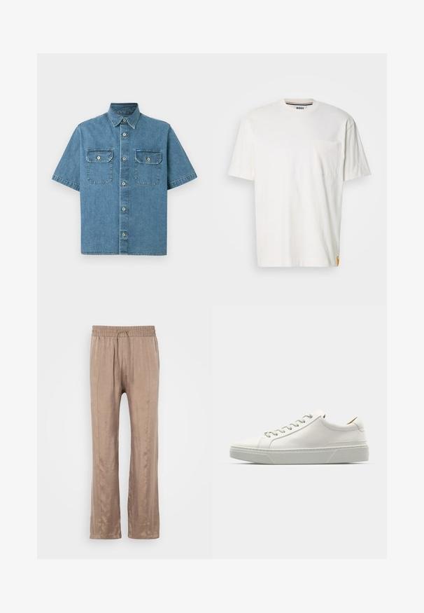 Lühikeste varrukatega teksapait, helesinine, millel on kaks rinnataskut nuppude sulgemisega, terava krae ja eesmine nuppude rida.; Valge puuvillane t-särk ümmarguse kaelusega, lühikeste varrukatega ja vasakul rinnataskuga. Ääristab väike logo silt külgõmblusel.; Heledad pruunid, laiad püksid, millel on sile kangas, elastne vöökoht ja nöör, ning kaks esimest kortsu.; Valge nahast tennis, millel on ümmargune varvas, minimalistlik disain, hallad paelad ja tekstureeritud hall kummitald. Näha on peeneid õmblusdetailide.