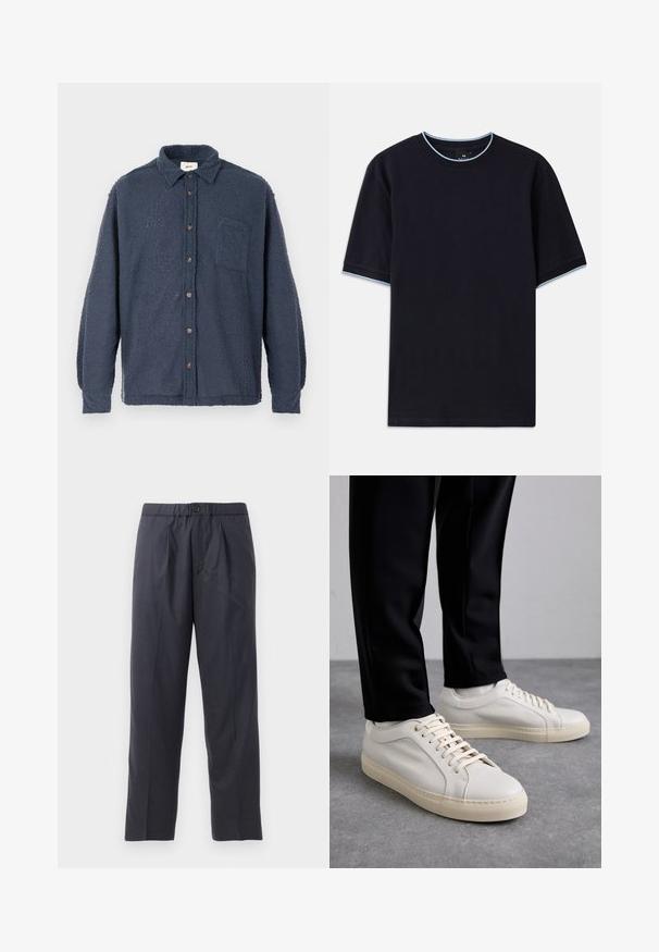 Tumši zils flīsa krekls ar fakturētu virsmu, pogu aizdari priekšpusē, apkakli un krūšu kabatu. Aprīkots ar brūnām pogām un garām piedurknēm.; Tumši zils īsām piedurknēm T-krekls ar apaļu kakla izgriezumu, kura apkaklēs un piedurknēs ir gaismas zilas akcenti. Izgatavots no mīksta kokvilnas auduma.; Tumši tumši zili bikses, kas izgatavotas no mīksta auduma ar krokām priekšpusē un elastīgu jostasvietu. Iespējama pogas aizdare un taisna kāju griezums.; Gai beige ādas kedas ar plakaniem šņorēm, teksturētu virsmu un kontrastējošu krēmkrāsas gumijas zoli, apvienotas ar melniem pieguļošiem biksēm.