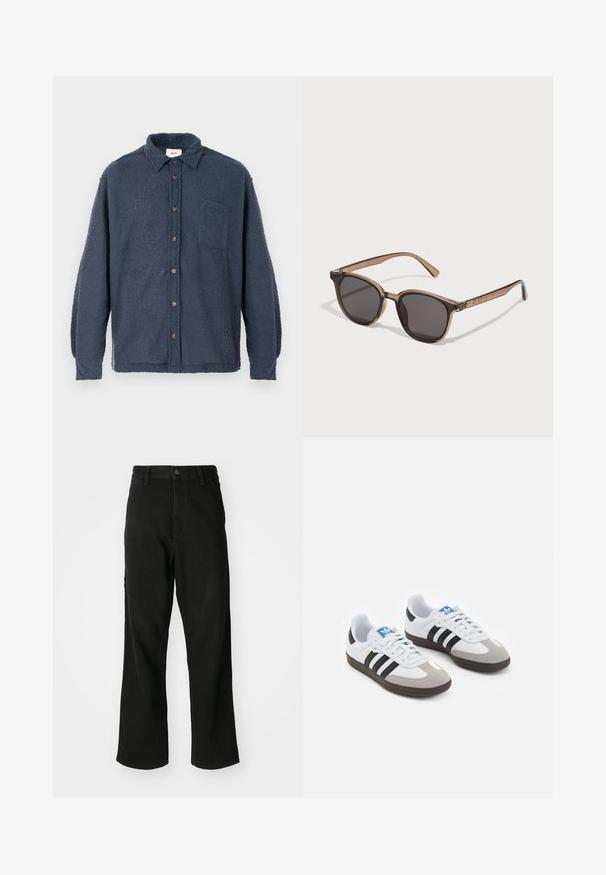 Tengerészkék polár ing texturált felülettel, gombos előlappal, gallérral és egy mellzsebbel. Barna gombokkal és hosszú ujjakkal rendelkezik.; Három ujjatlan póló szürke, fehér és fekete színben. Puha pamut anyag, kerek nyakkivágással és laza szabással. Egyszerű dizájn, minta nélkül.; Fekete, egyenes szárú farmernadrág gombbal, övhurkokkal és elülső zsebekkel, sima fehér háttér előtt.; Fehér bőr felsőrészes sportcipő, szürke velúrból készült orral és három fekete csíkkal. Jellemzője a kék logó a nyelvén és egy texturált gumitalp.; Barna műanyag napszemüveg sötét lencsékkel, kerek formával és szűkített szármokkal. Figyelemre méltó díszítés a templomokon.