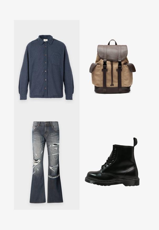 Camisola de lã azul-marinho com superfície texturizada, botão frontal, colarinho e um bolso no peito. Apresenta botões castanhos e mangas compridas.; Jeans flare em denim azul escuro com rasgos desfiados e detalhes desgastados na parte da frente. Possui cinco bolsos e fecho com botão.; Bota de couro preto com bico arredondado, design com atacadores, seis ilhós e sola de borracha texturizada. Inclui uma aba na parte de trás.; Mochila de tela em tom bege com detalhes em couro castanho. Apresenta uma aba superior, alças ajustáveis e dois bolsos laterais. Forma retangular, design robusto.