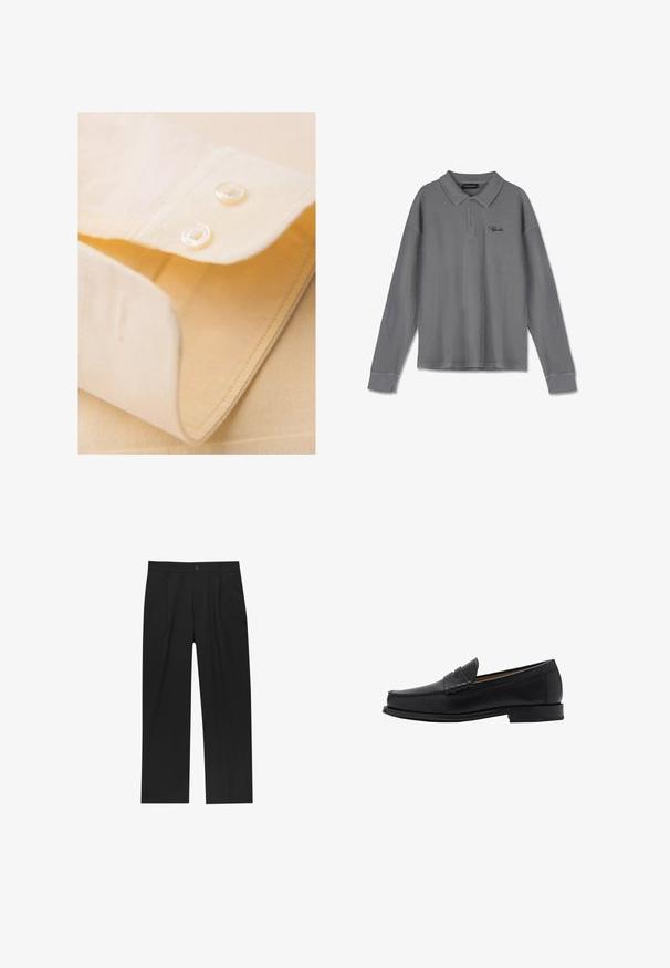 Lichtgele shirtkraag met twee witte knopen, netjes opgevouwen, met een soepele textuur en fijne stikseldetails.; Lange mouwen polo in gestreept grijs stof. Heeft een kraag, een knoopsluiting met drie knopen en subtiele zwarte branding op de borst.; Zwarte broeken met een recht model, gemaakt van een gladde stof. Voorzien van een voorplooien en een enkele knoopsluiting bij de taille.; Mango Zakelijke loafers - black