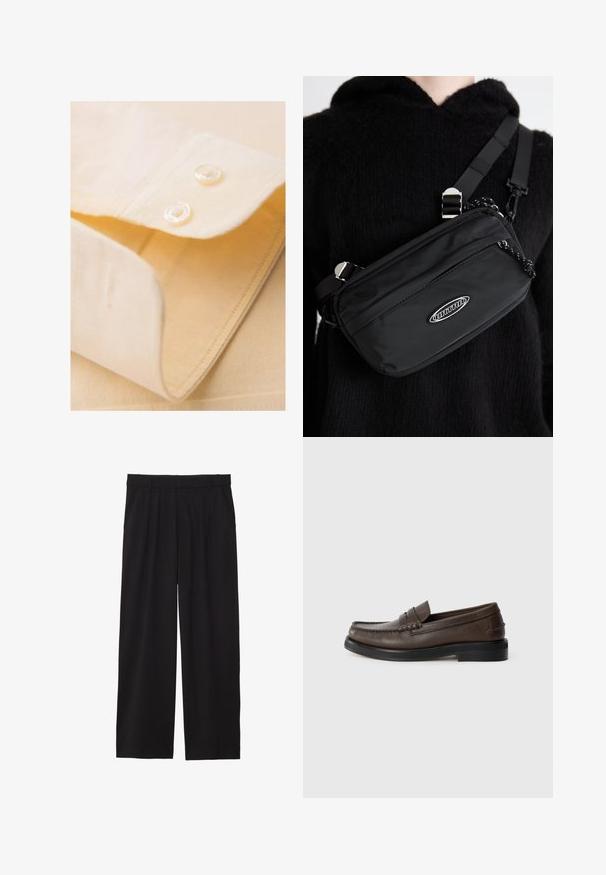 Lys gul skjortekrave med to hvide knapper, pænt foldet, med en glat tekstur og fine syninger.; Sorte brede bukser med en plisseret front, sidelommer og en glat stoftekstur. Designet til en afslappet pasform.; Brune læder loafers med rund tå, detaljeret syning og en flad sort sål. Har et lille dekorativt bånd over vristen.; Sort nylon crossover taske med justerbar strop, featuring en glat tekstur, en front lynlåslomme og et logo akcent.