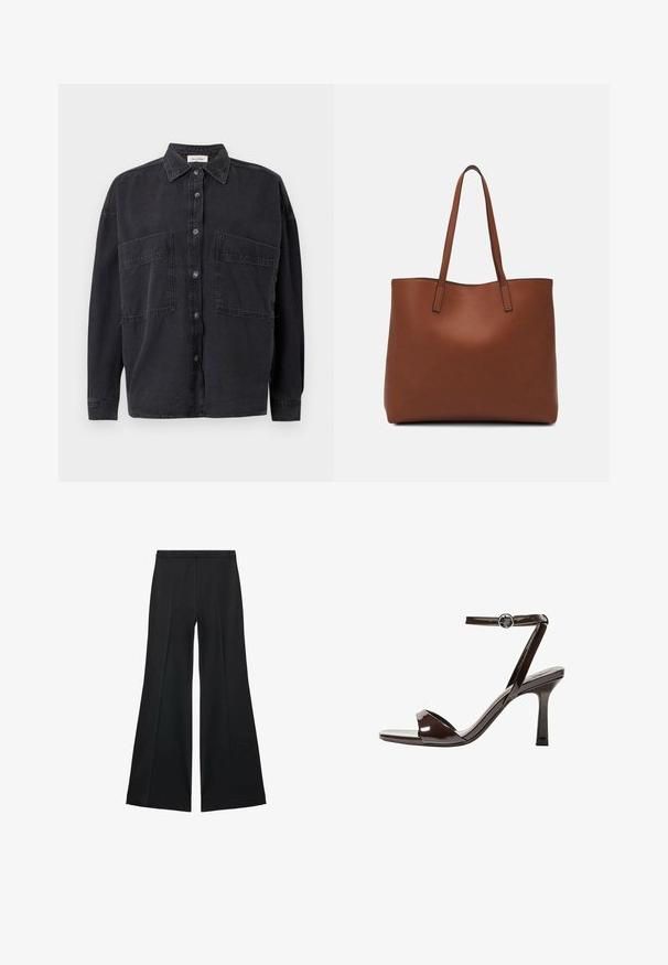 Svart denimskjorta med krage, två framfickor och knappknäppning. Har långa ärmar och en avslappnad passform.; Svarta vida byxor med en slät textur, med framfickor och skräddarsydd design. Tyget är lätt och flödande.; Bruna lackläder högklackade sandaler med ankelrem, öppen tå och en elegant, minimalistisk design. Har en fyrkantig klack.; Brun läder tote-väska med en slät textur, öppen toppdesign och två axelremmar. Har minimal söm och ingen synlig metalldetalj.