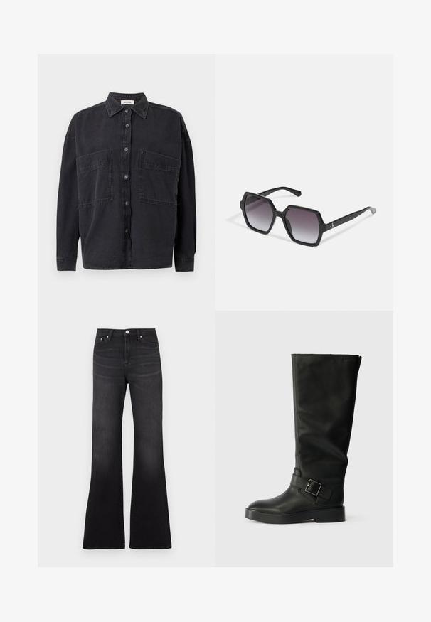 Schwarze Denimbluse mit kragenförmigem Ausschnitt, zwei praktischen Fronttaschen und Knopfverschluss. Sie hat lange Ärmel und eine lockere Passform.; Schwarze Jeans mit ausgestelltem Bein aus Denim-Stoff, mit hoher Taille, Fünf-Taschen-Design und leichtem Ausbleichen zum Saum der Beine hin.; Schwarze kniehohe Stiefel aus glattem Leder, mit runder Zehenpartie, dicker Sohle und einem horizontalen Riemen mit rechteckiger Schnalle.; Schwarze hexagonale Sonnenbrille mit Verlaufsgläsern, glänzender Oberfläche und dezentem Branding am Bügel. Aus langlebigem Kunststoff gefertigt.