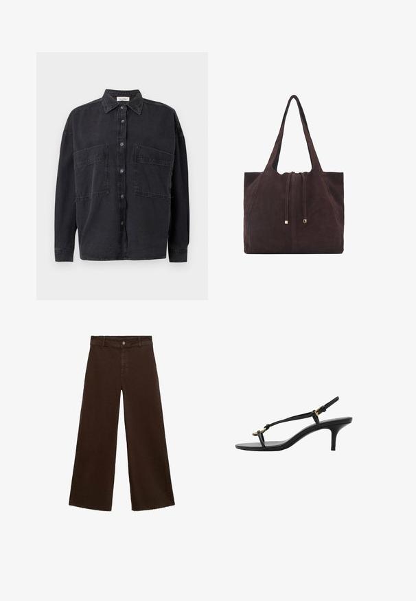 Black denim shirt with a collared neckline, two front pockets, and button closure. Features long sleeves and a relaxed fit.; Brown wide-leg trousers in cotton blend, featuring a frayed hem, front button closure, and classic five-pocket design. Minimalistic and versatile.; Black leather kitten heel sandal with thin straps, gold buckle, and minimalist toe loop on a white background.; Mango Tote bag - dark brown