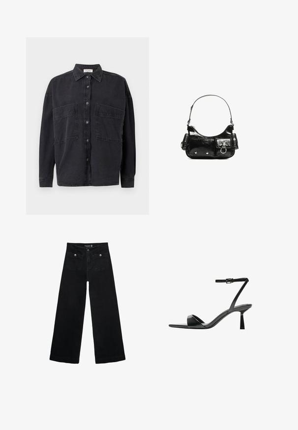 Black denim shirt with a collared neckline, two front pockets, and button closure. Features long sleeves and a relaxed fit.; Black wide-leg jeans with a high waist, featuring two front pockets and metal button accents. The fabric has a smooth texture.; Bershka High heeled sandals - black; Black patent leather handbag with a curved shape, one shoulder strap, front pockets, and silver-tone hardware accents.