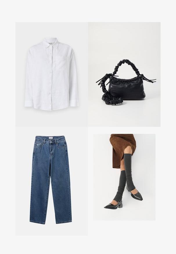 Biała lniana koszula z długimi rękawami, z przodu zapinana na guziki oraz z kieszonką na lewej piersi. Posiada klasyczny kołnierzyk i prosty dół.; Klasyczne niebieskie dżinsy o prostym kroju, pięć kieszeni i zapięcie na guzik. Charakteryzują się średnim odcieniem i solidną teksturą.; Czarne lakierowane buty na szpilce z prostokątnym obcasem i paskiem na kostce, zestawione z szarymi prążkowanymi ocieplaczami na nogi oraz brązową zamszową spódnicą.; Czarna torebka z syntetycznej skóry o teksturze krokodyla, z zaciąganym górnym zamknięciem i marszczonym paskiem. Wygląda na miękką i zwartą w designie.