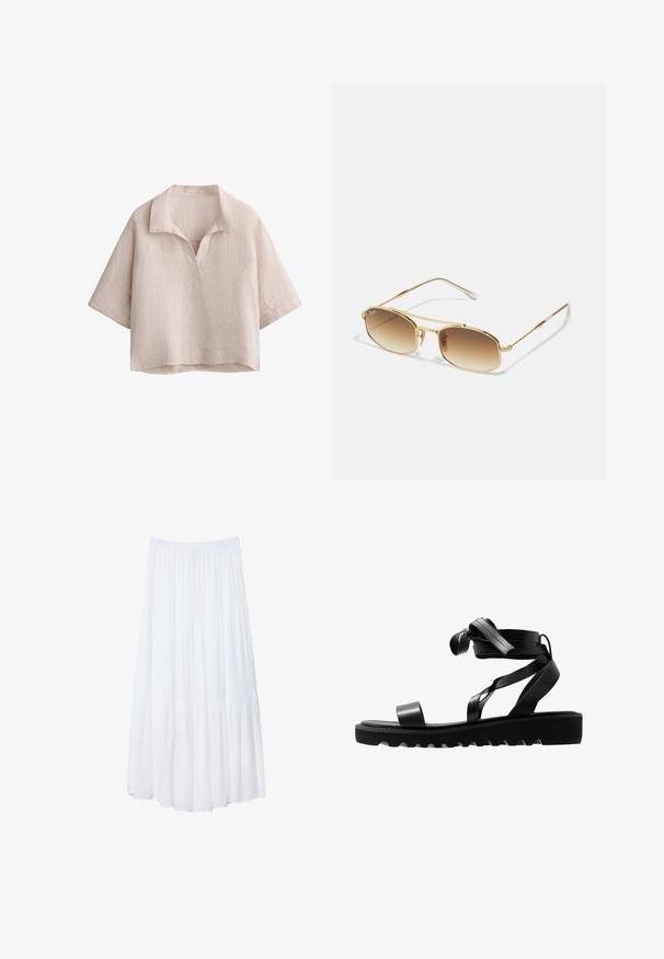 Leinen Oberteil mit kurzen Ärmeln in hellbeige, ausgestattet mit einem kleinen Kragen und einem V-Ausschnitt. Es hat eine lässige Passform und eine Brusttasche auf der linken Seite.; Weißer, gestufter Maxi-Rock aus leichtem Stoff. Verfügt über einen elastischen Bund und ein fließendes Design mit weicher, subtiler Textur.; Schwarze Sandalen mit strukturiertem Sohle, die schlanke Riemen und ein geknotetes Design aufweisen. Hergestellt aus glattem Material, moderner Form und offener Zehenpartie.; Sonnenbrille aus goldenem Metall mit braunem Verlaufsglas, ovalen Fassungen und schlanken silbernen Bügeln. Verfügt über klare Kunststoff-Enden.