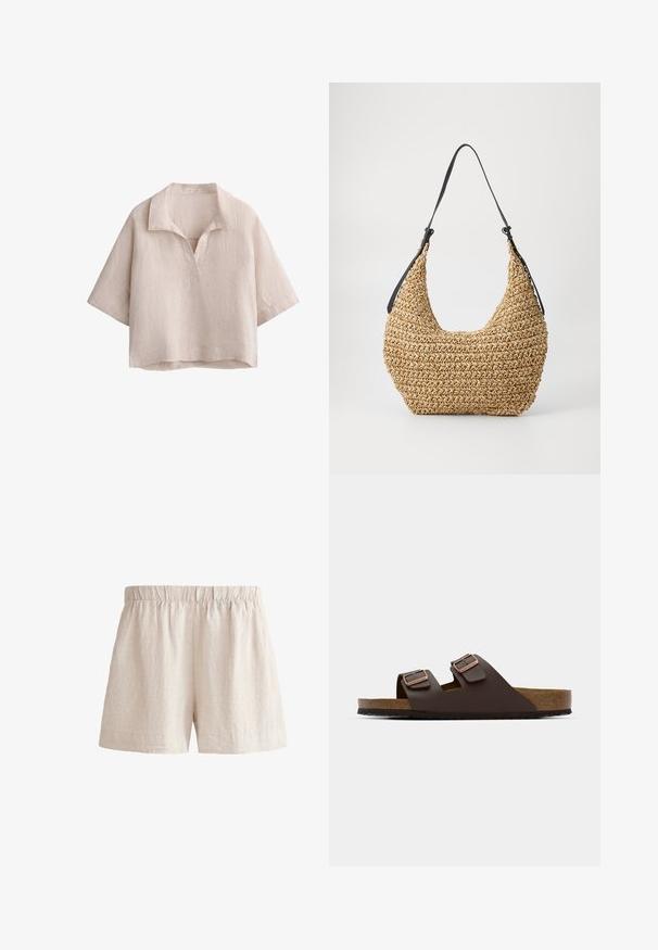 Linned kortærmet top i lys beige med en lille krave og V-hals, der har en afslappet pasform og en brystlomme på venstre side.; Lyse beige linnedshorts med elastisk talje, der har en løs pasform og en simpel afslutning. Glat tekstur med en subtil, naturlig finish.; Brun, flad slidesandal med to justerbare remme. Lavet af et glat materiale, med en korkfodbed og en struktureret gummisål.; Vævet stråhåndtaske med en rund silhuet, der har en sort læder skulderrem. Tekstureret, naturlig finish og letvægtsdesign.