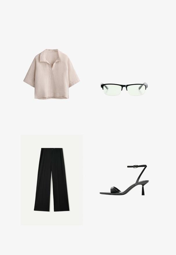 Linen bluza kratkih rukava svijetle bež boje s malim ovratnikom i V-izrezom, u opuštenom kroju i s džepom na lijevoj strani prsiju.; Bershka WIDE - Hlače - black; Bershka Sandale s visokom petom - black; Crna pravokutna naočala s prozirnim lećama, sa sofisticiranim crnim okvirom i sivim prozirnim drškama. Minimalistički dizajn, bez vidljivog brendiranja.