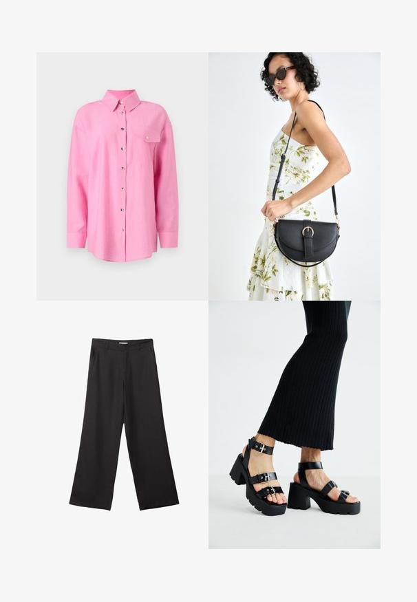 Rosa linneskjorta med krage, långa ärmar, knappstängning fram och en enskild bröstficka. Har metallknappar och en rundad nederkant.; Svarta vida byxor i slät väv, med dragkedja fram och två sidofickor, med skräddarsydd passform och minimalistisk design.; Svarta plattformssandaler med kraftiga yttersölar och flera remmar, med metalspännen och en slät läderliknande yta.; Svart läderhandväska med en böjd form, avtagbar rem och guldiga detaljer. Väskan har ett lock med en spänndetalj.